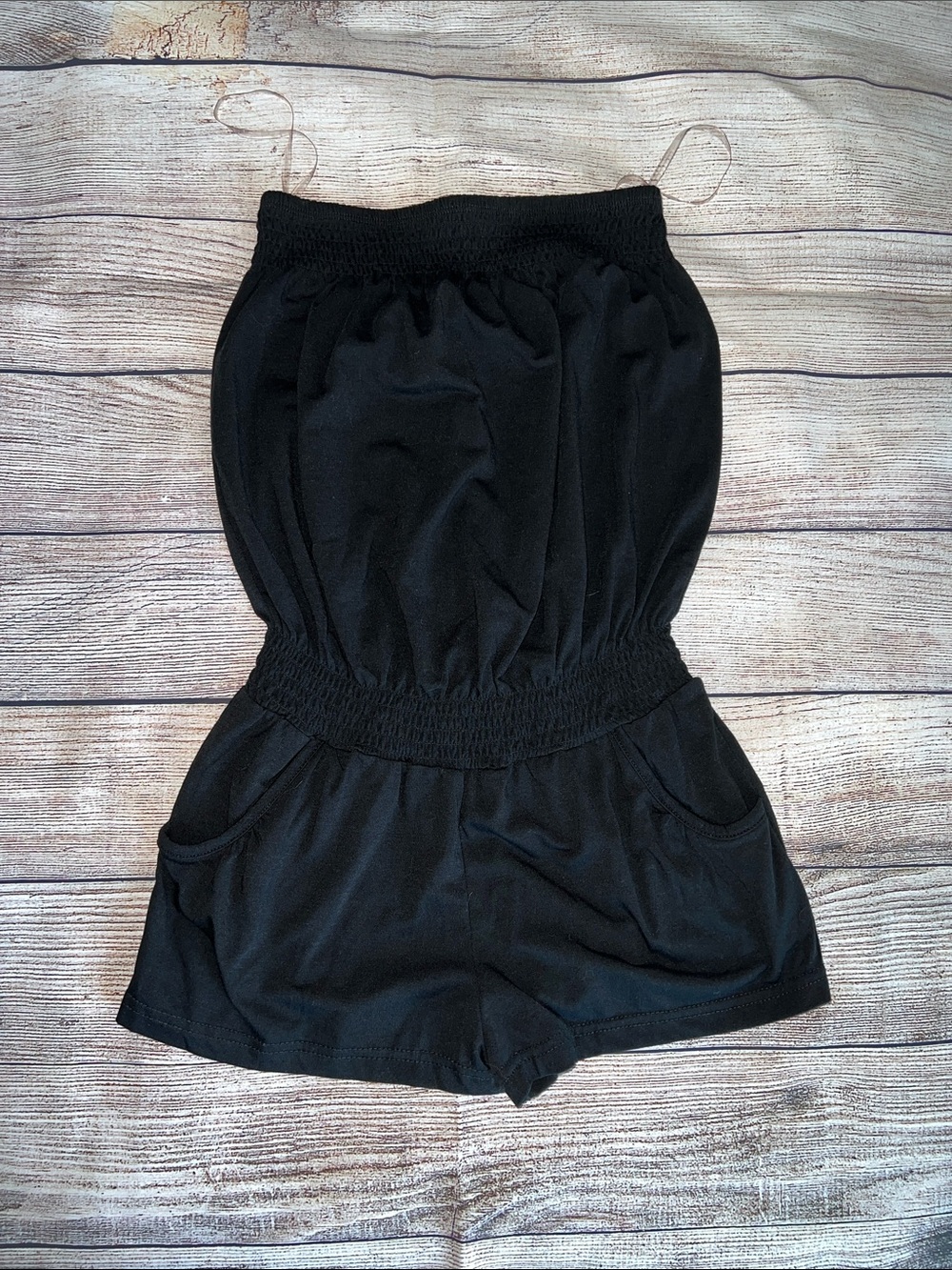 VENUS Black Strapless Smocked Romper